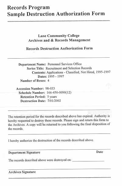 Archives & Records Sample Destruction Authorization Form