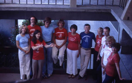 Math faculty (l-r) Leila Matheson, Casey Fast, Donna Van Zee, unknown, unknown, Joyce Fish, Leland Halberg, Hazel Smith, Richard Coalwell, Lisa Lindbloom, Mary Ann Lindbloom. 1979