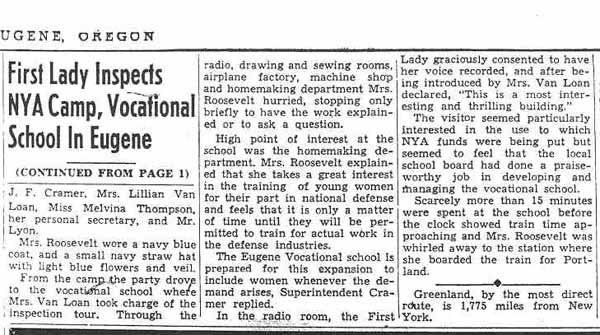 Newspaper articles about Eleanor Roosevelt's visit to Eugene