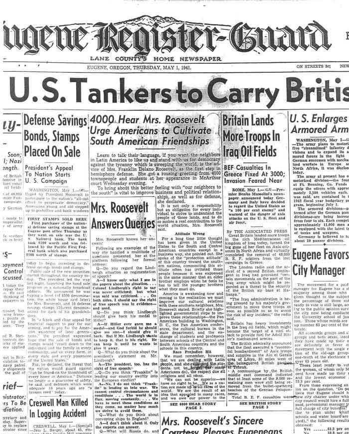 Register-Guard article about E Roosevelt's visit