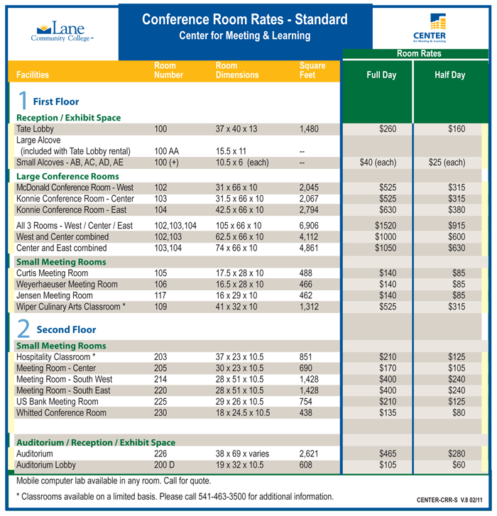 conference room rate chart