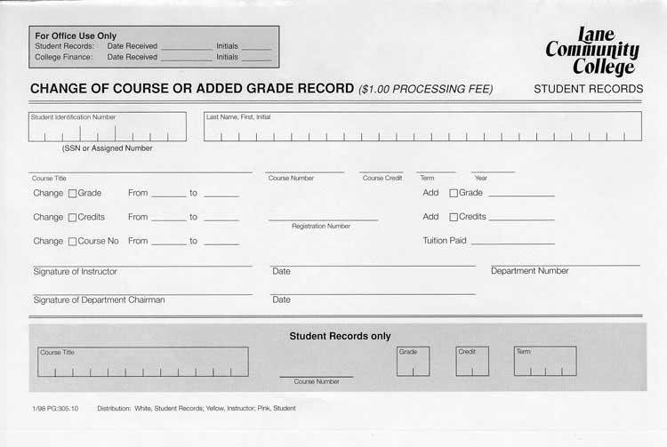 Change of Course or Added Grade Record Form