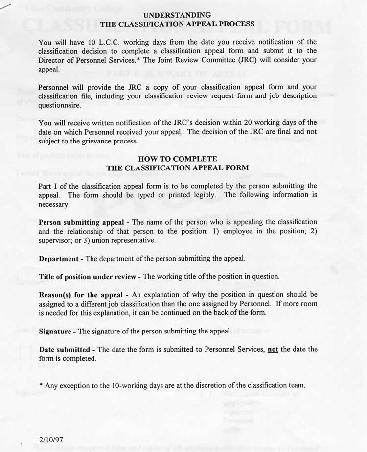 Classification Appeal Form, Page 2