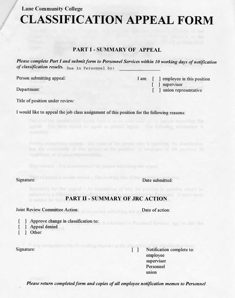 Classification Appeal Form, Page 1