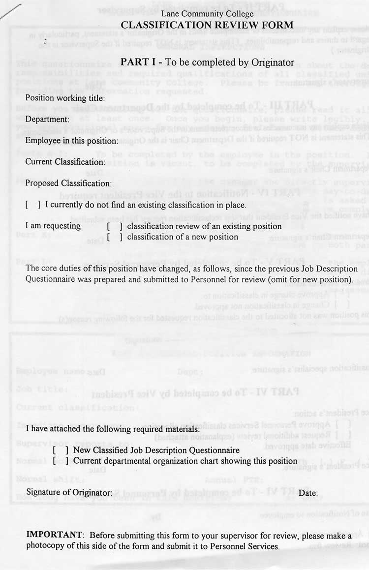 Classification Review Form, Page 1
