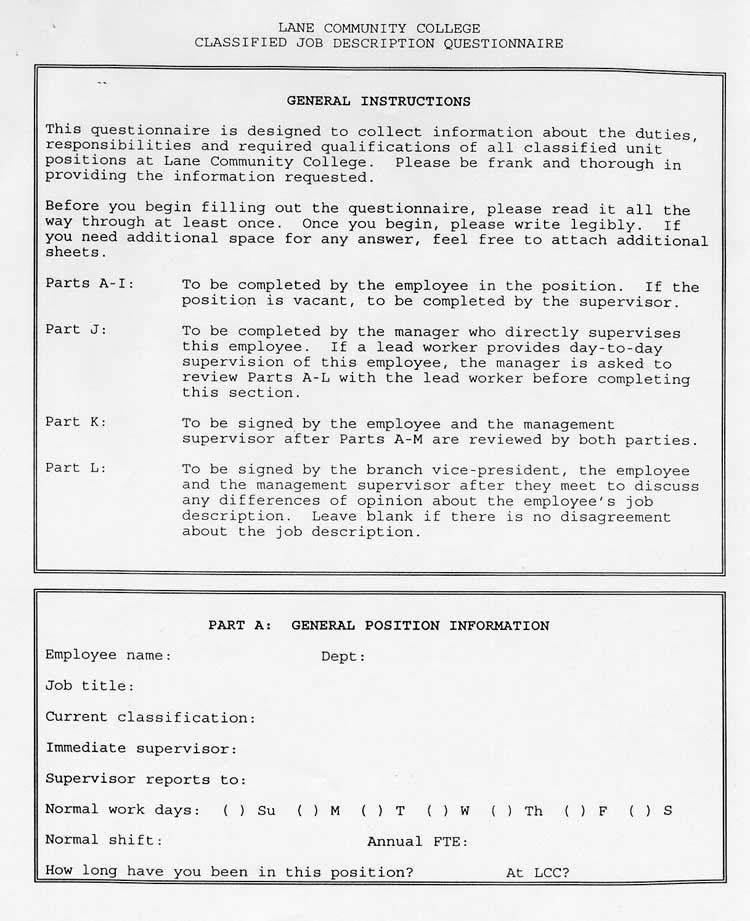 Classified Job Description Questionnaire, Page 1