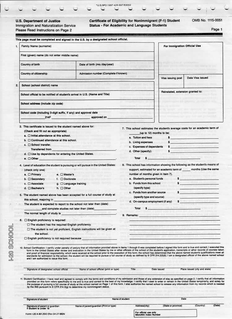 Form I-20 (Certificate of Eligibility for Nonimmigrant Student Status), page 1