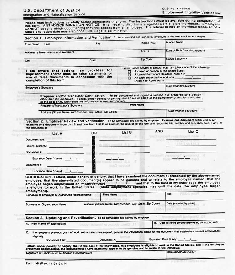 Form I-9 (Employment Eligibility Verification)