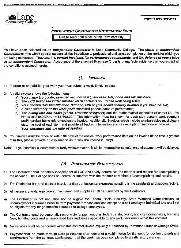 Independent Contractor Notification Form, Page 1