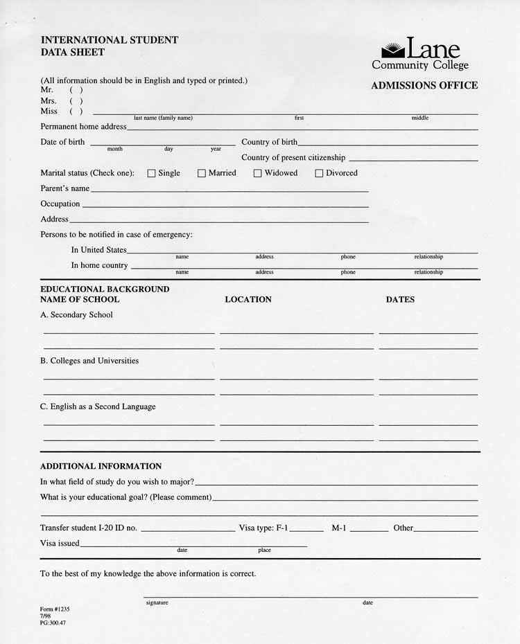 International Student Data Sheet