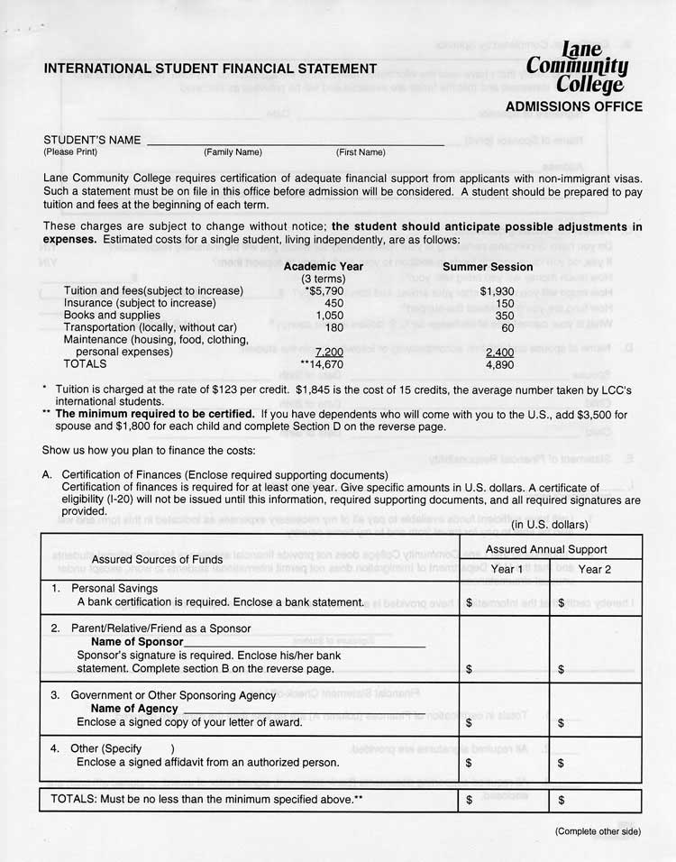 International Student Financial Statement, Page 1