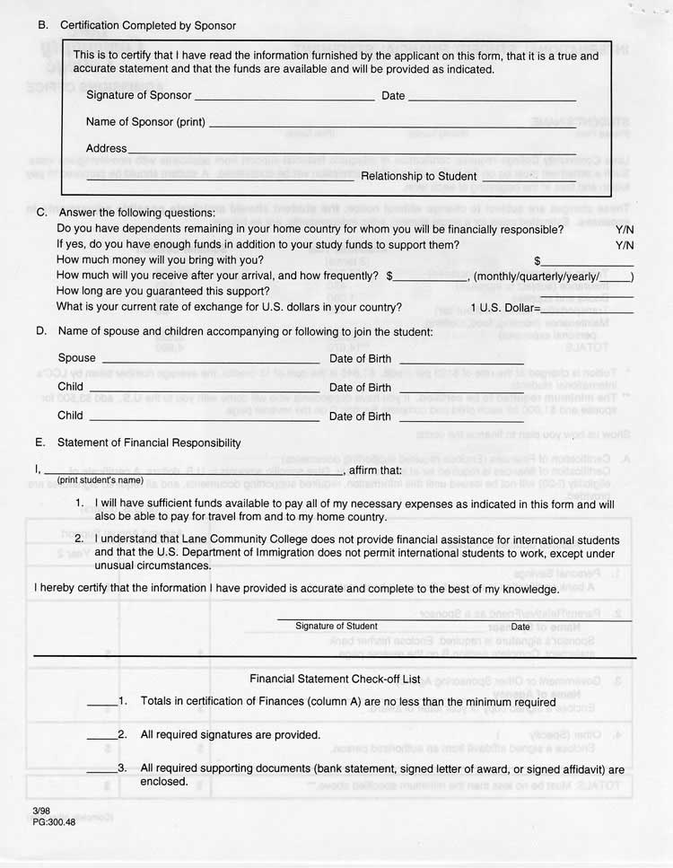 International Student Financial Statement, Page 2