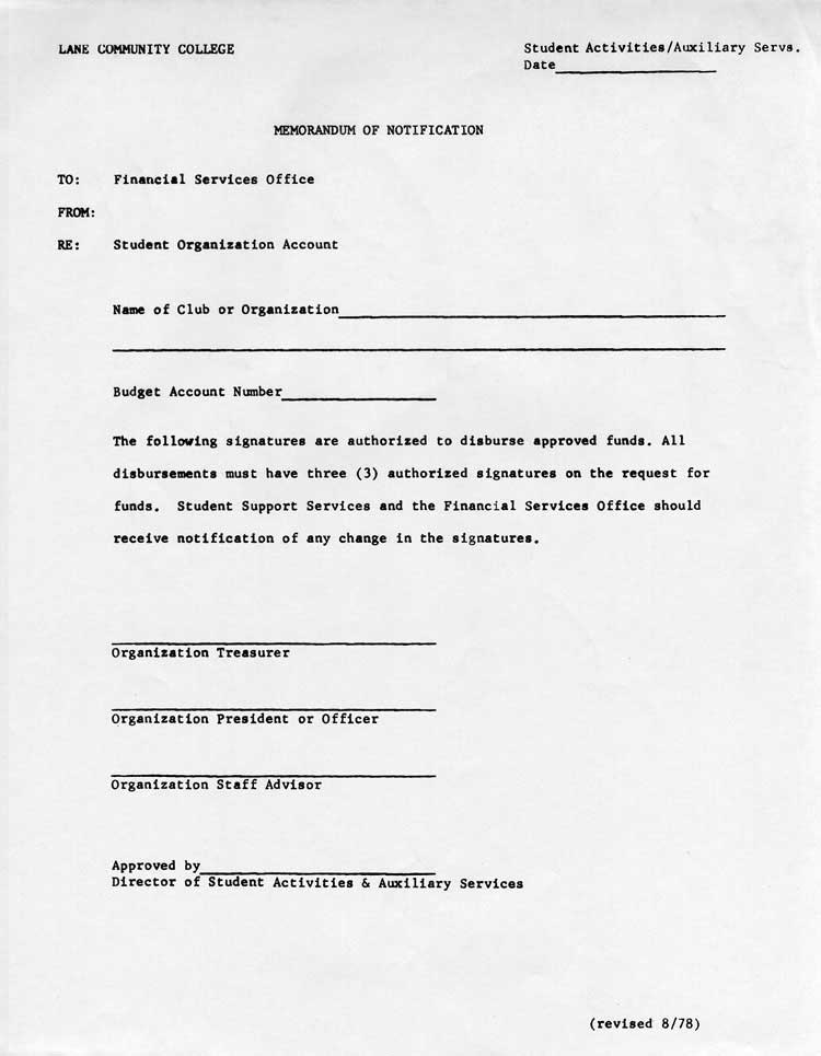 Memorandum of Notification Form (Student Organizations)