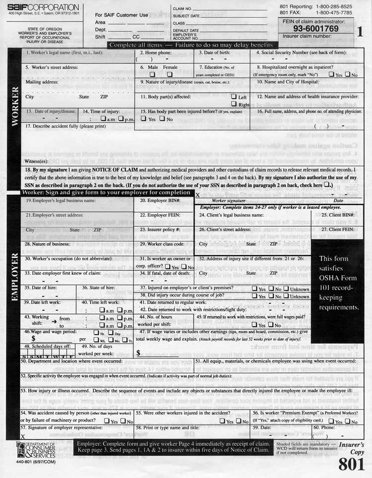 Form 801 (Worker's Compensation Claim Form), Page 1