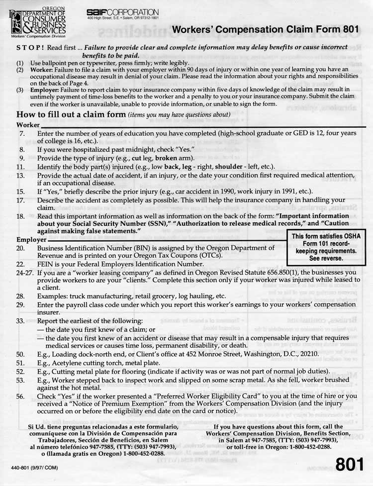 Form 801 (Worker's Compensation Claim Form), Page 2