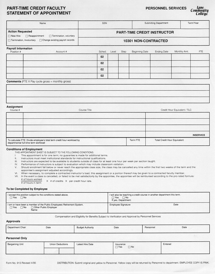 Part-Time Credit Faculty Statement of Appointment