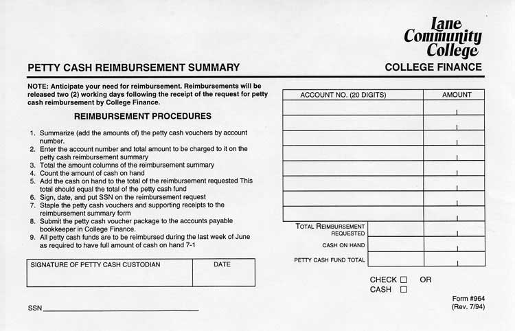 Petty Cash Reimbursement Summary Form