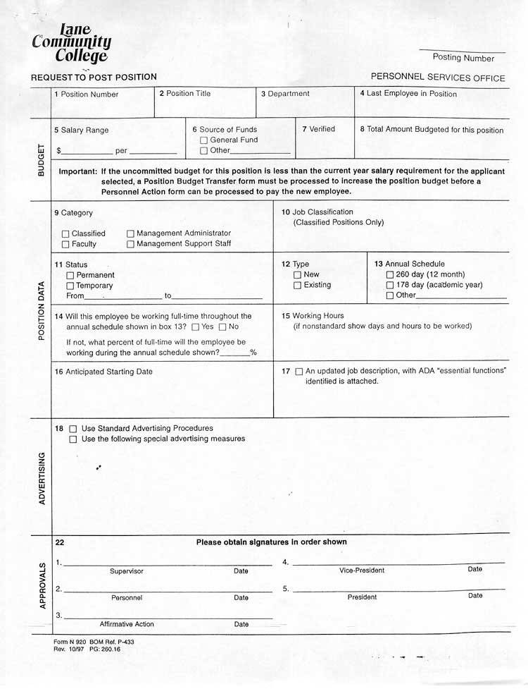Request to Post Position, Page 1