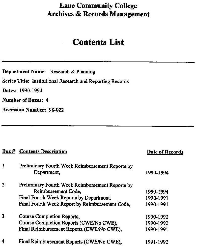 Records Contents List