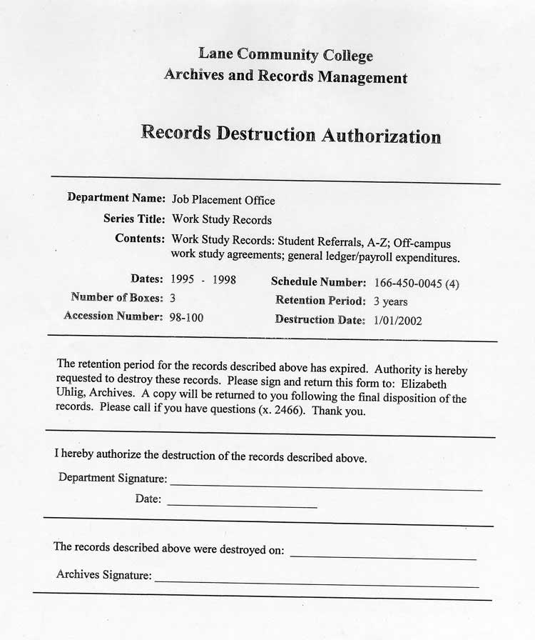 Records Destruction Authorization Form