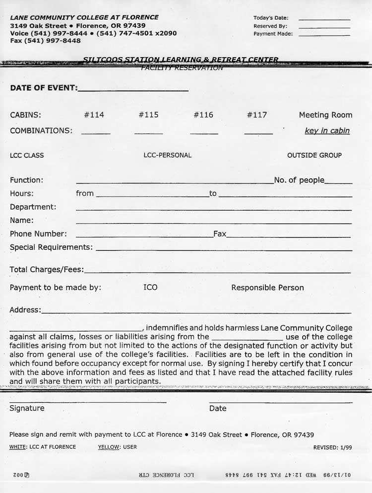 Siltcoos Station Learning and Retreat Center Facility Reservation Form