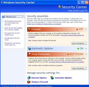 screenshot of XP security center config window with firewall off