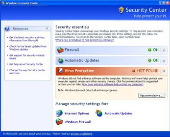screenshot of XP security center