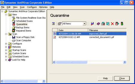Here is a picture of the Quarantine screen where the quarantined file is highlighted and red X activated