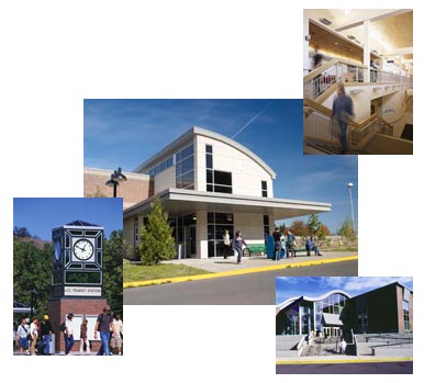 composite photo of bldg 16, clock tower by bus station, interior of bldg 16 and front of bldg 1