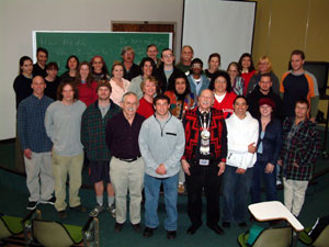 Foundations of American Indian Languages students pose with instructor Don Addison (fourth from right) winter 2003. Photo by student Shanna Elliott. 
