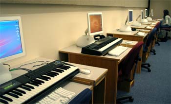 Photo: Computers and Keyboards in the lab